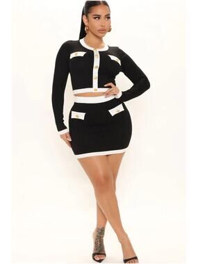 Fashion Nova Leah Knit Skirt Set Black White Preppy Chic Women Small NWT